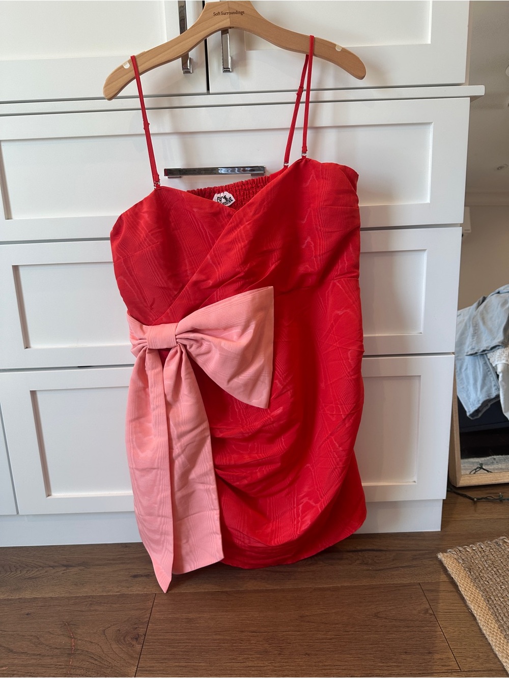 Red Mini Dress with Pink Bow - Women's Spaghetti Strap Party Dress